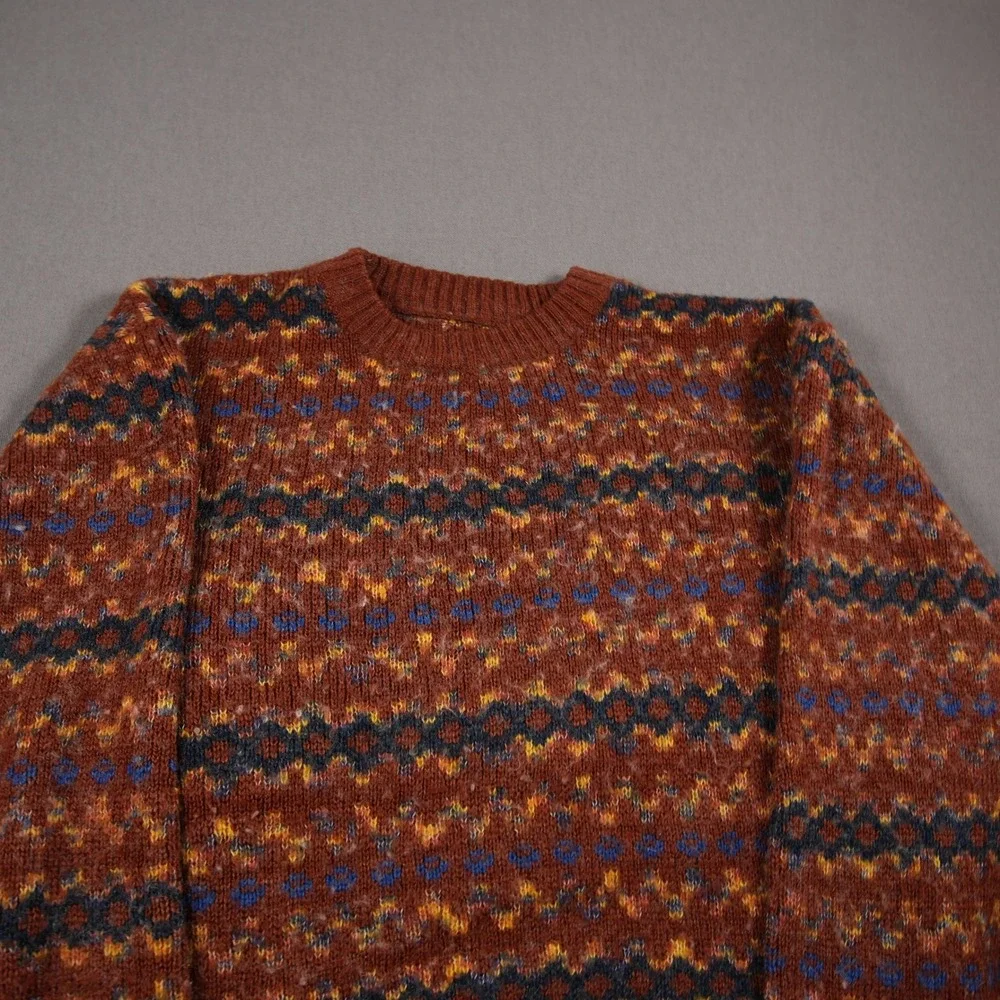Vintage 80s Fair Isle Geometric Knit Men Sweater L Boho Coastal Rustic College